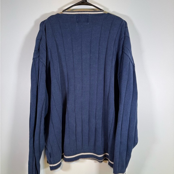 Vintage 90s Lee Sport Men’s XL Blue Ribbed V-Neck Sweater Striped Trim Preppy - Picture 5 of 7